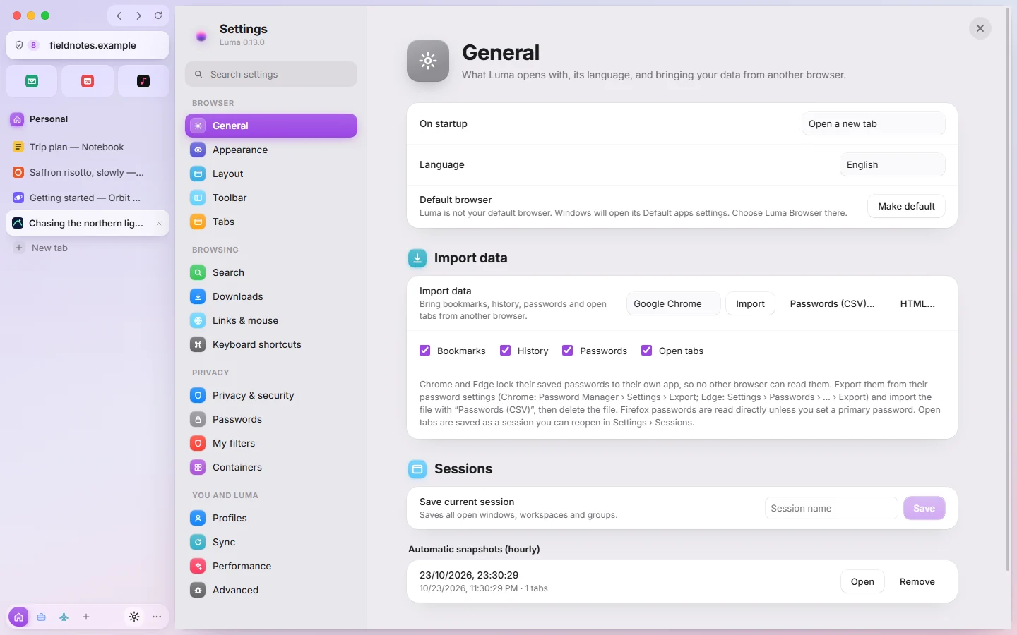 Settings open over the page